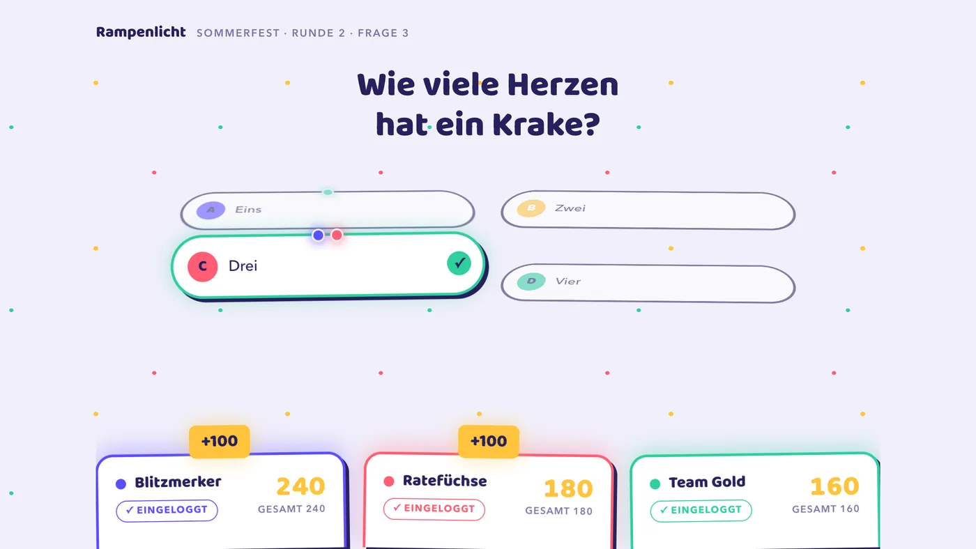 Theme Konfetti-Pop: helle, verspielte Bühne mit runden Pillen