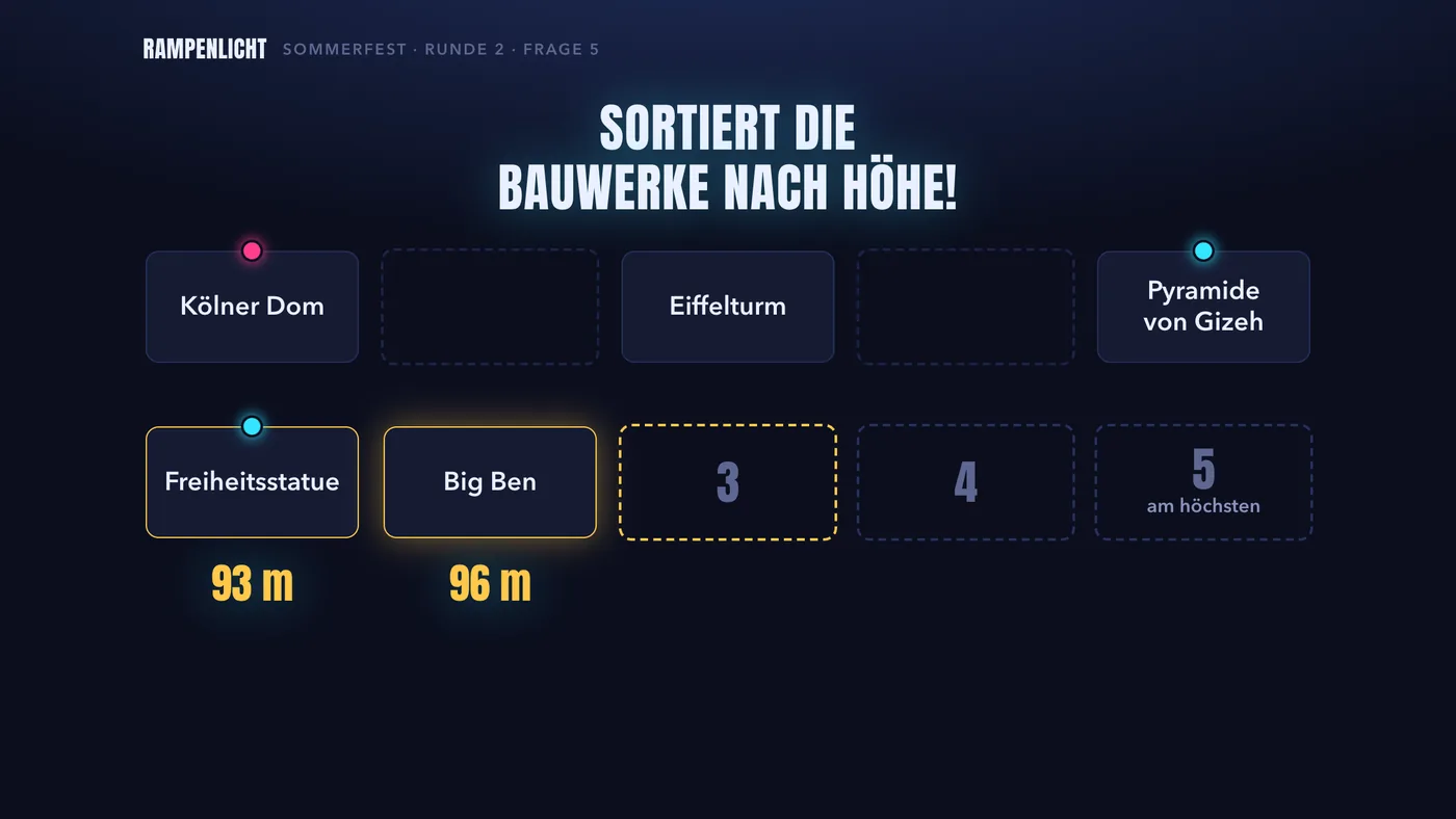 Bühne mit Sortierfrage: Bauwerke fliegen Position für Position auf ihre Plätze